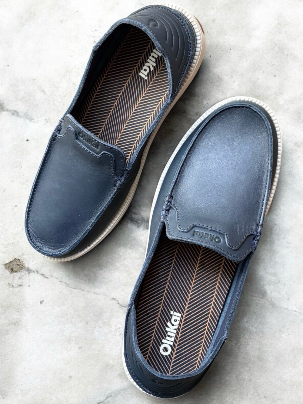 OluKai Kākaha Nia Men’s Navy Blue Leather Slip-On Shoes - Picture 11 of 16